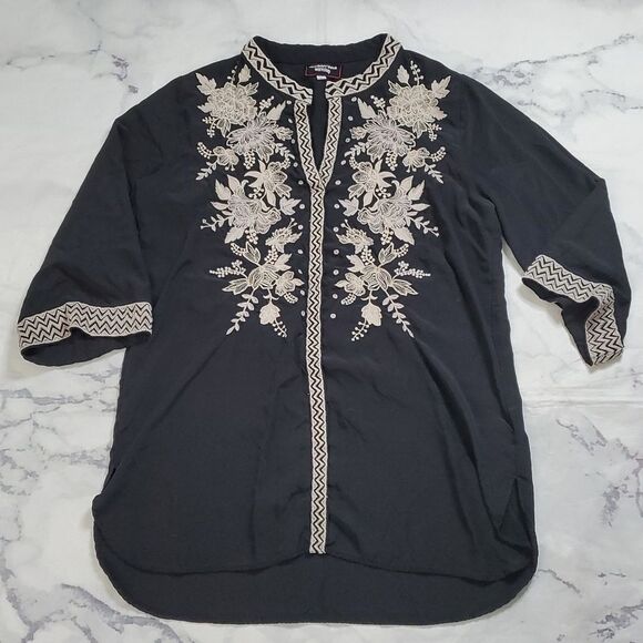 Johnny Was Workshop Black Silk Embroidered Tunic Top - Picture 1 of 7